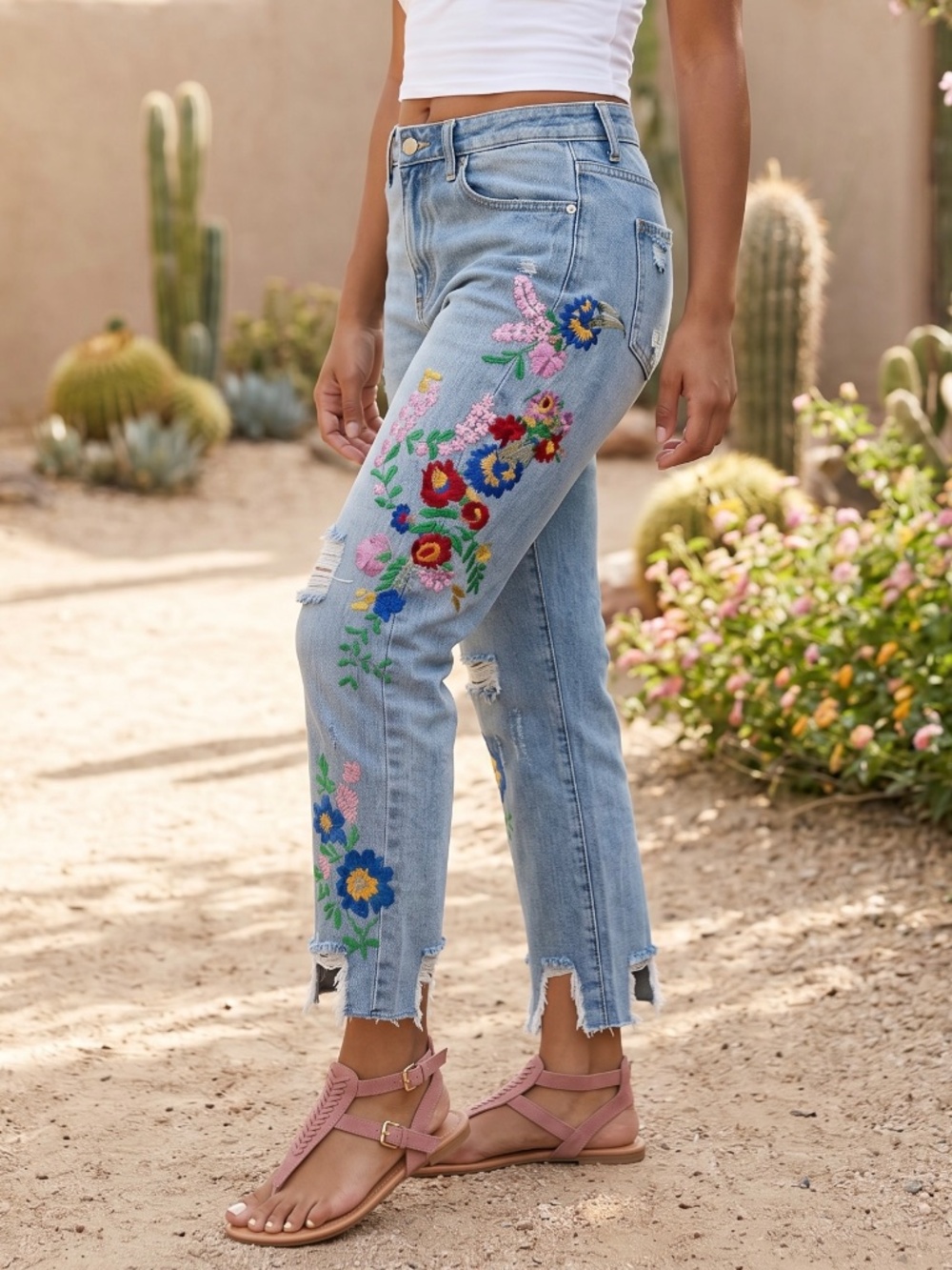 POL Floral Embroidered Boyfriend Jeans | Distressed Y2K Straight Leg Light Wash - Picture 4 of 7